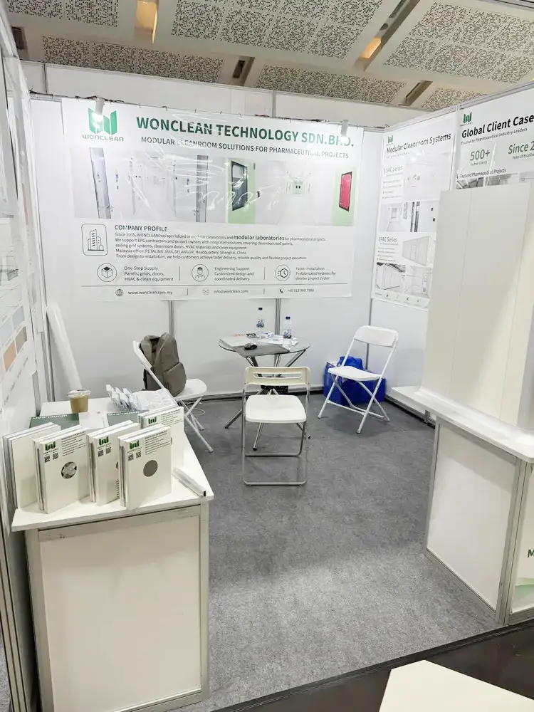 WONCLEAN TECHNOLOGY SDN. BHD. company presentation and cleanroom material samples inside the exhibition booth