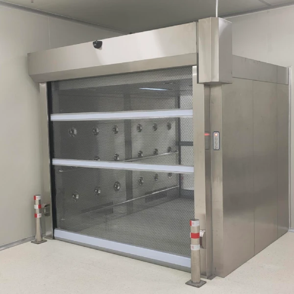 Cargo Air Shower Room / Goods Air Shower Tunnel – side view with dual-door interlock and HEPA-filtered nozzles