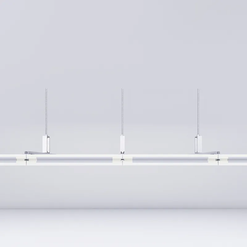 Close-up of concealed bar ceiling grid and HPL panel joint detail